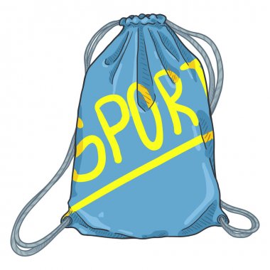 Vector Cartoon Blue Drawstring Bag. Textile Sport Backpack with Strings clipart