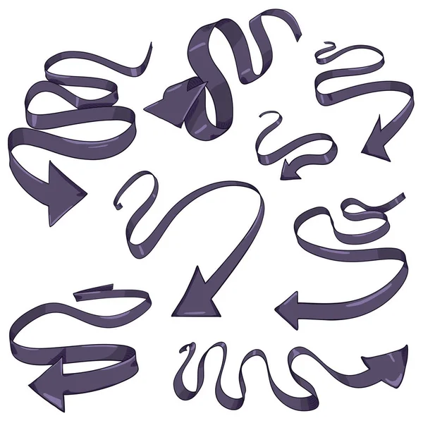 Conjunto vectorial de flechas de cinta de dibujos animados púrpura. Colección de punteros de forma ondulante . — Vector de stock
