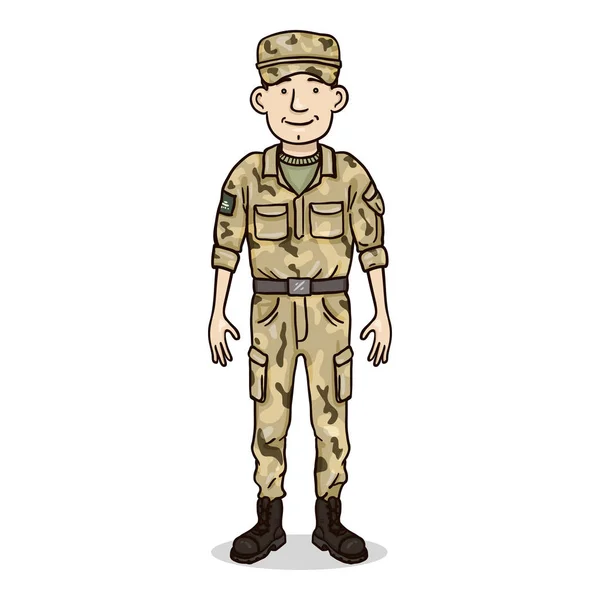 Vektor-Cartoon-Figur - junger Mann in Militäruniform. Soldat, Diener. — Stockvektor