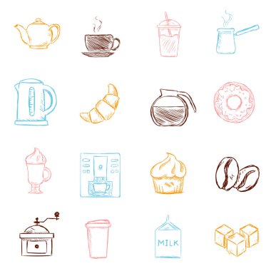 Vector set renk kroki kahve simgeleri. Kahve dükkanı sembolleri.