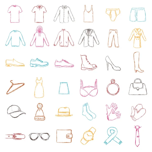 Vector Set of Isolated Color Sketch Clothes Icons — Stock Vector