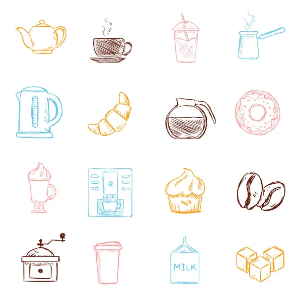 Vektor uppsättning färg skiss kaffe ikoner. Symboler för Coffee Shop. — Stock vektor