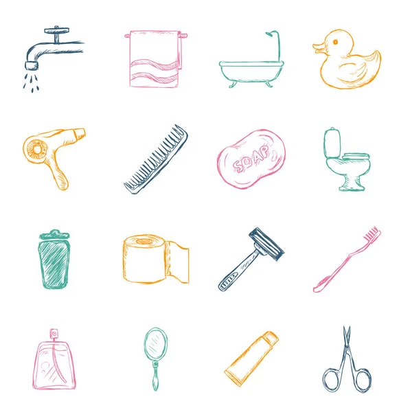 Conjunto vectorial de croquis de baño e iconos de higiene . — Vector de stock