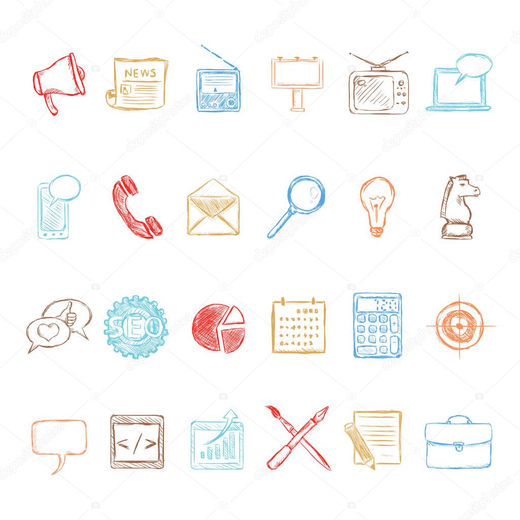 Vector Set of Color Sketch Advertising Icons. Types of Advertisement.