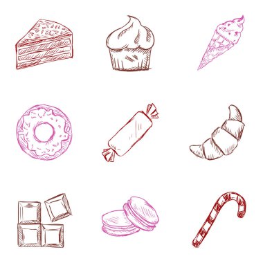 Vektör Seti Renk Kroki Tatlı Simgeler. Konfeksiyon.