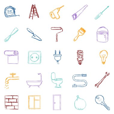 Vektör Seti Renk Kroki Ev Tamiri, İnşaat ve Dekorasyon Simgeleri