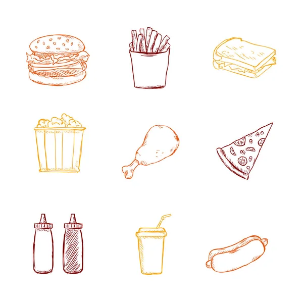 Set vettoriale di icone di fast food ColorSketch. Fast food. Cibo spazzatura . — Vettoriale Stock