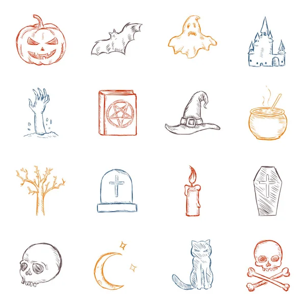 Ensemble vectoriel d'icônes d'Halloween croquis couleur — Image vectorielle