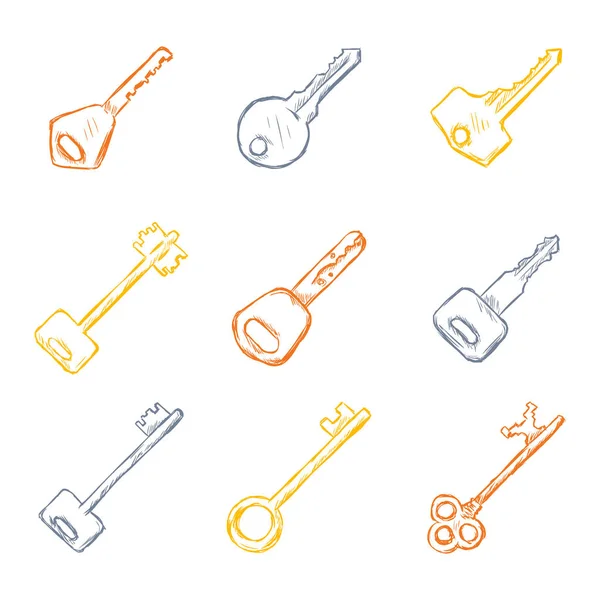 Vector Set of Color Sketch Keys Icons. Modern and Antique Keys. Types of Keys. — Stock Vector