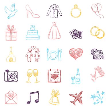 Vektör Seti Renk Kroki Düğün Simgeler