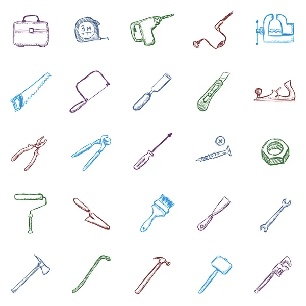 Vector Set of Color Sketch Work Tools Icons — Stock Vector