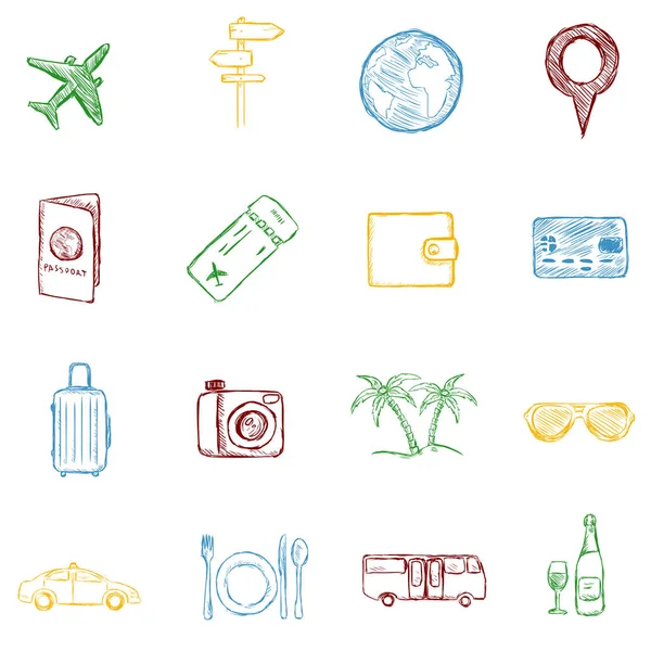 Vector Set of Color Sketch Travel and Vacation Icons — Stock Vector