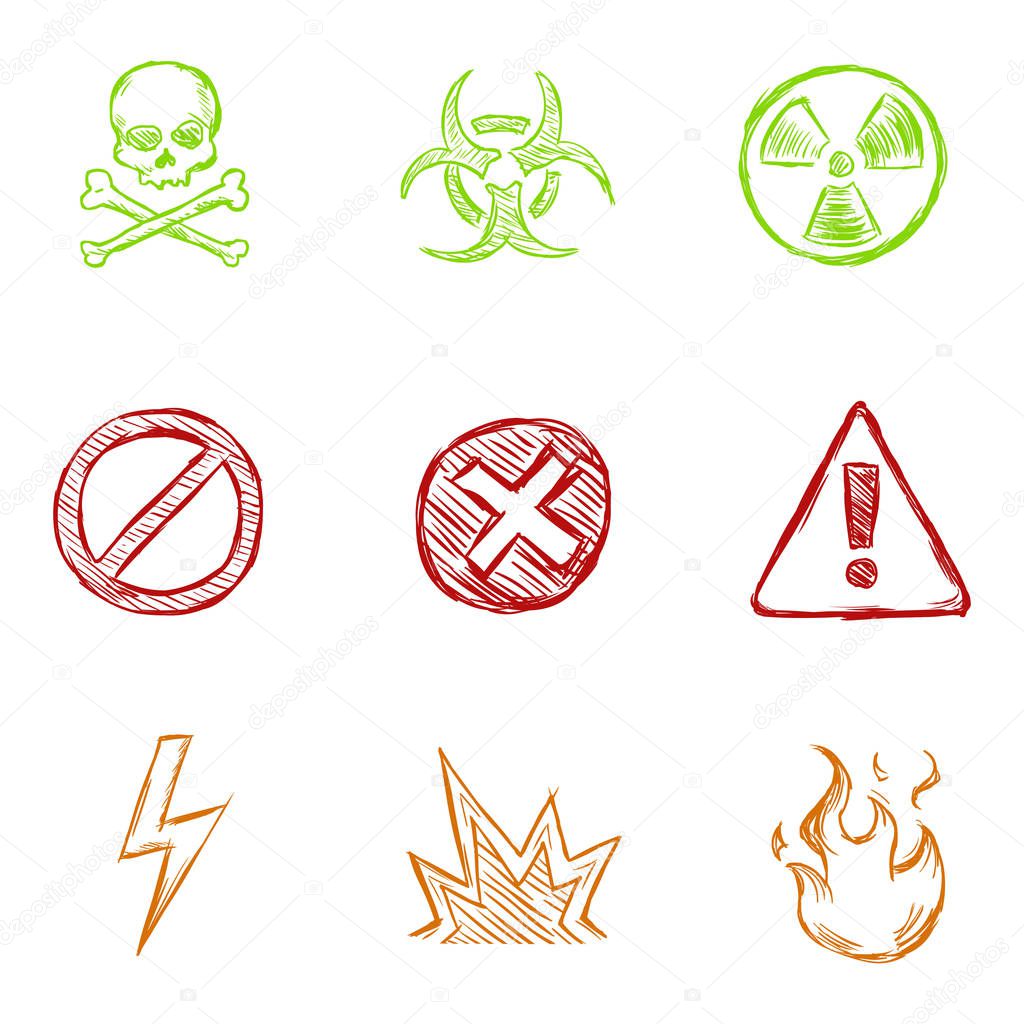 Vector Set of Color Sketch Warning Icons