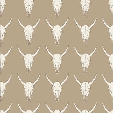 Kahverengi Arka Plan Üzerinde İnek Kafatası Vektör Dikişsiz Desen