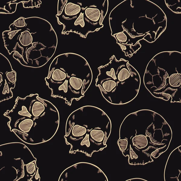 Patrón sin costura vectorial de cráneos de boceto en el fondo negro — Archivo Imágenes Vectoriales