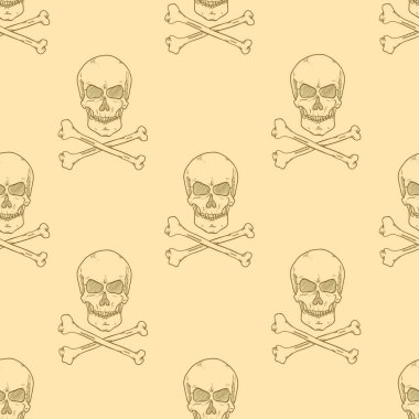 Bej Arka Plan Üzerinde Çapraz Kemikler ile Sketch Skull Vektör Dikişsiz Desen