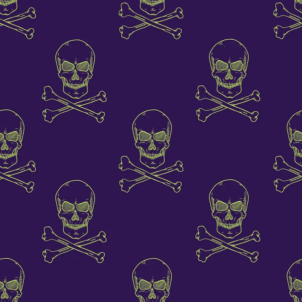 Vector Seamless Pattern of Fluorescent Sketch Pirate Skulls — Stock Vector