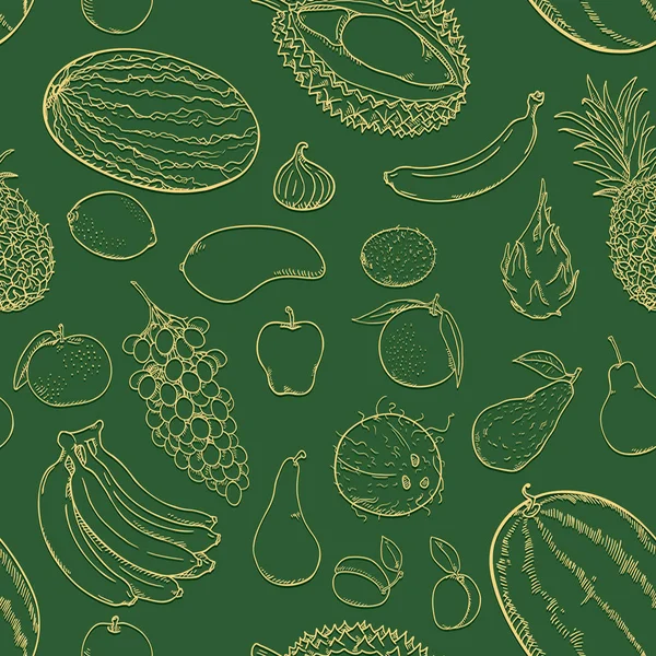 Patrón sin costura vectorial de frutas de boceto sobre fondo verde — Vector de stock