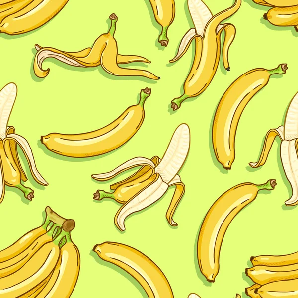 Modèle sans couture vectoriel de bananes de bande dessinée sur fond vert — Image vectorielle