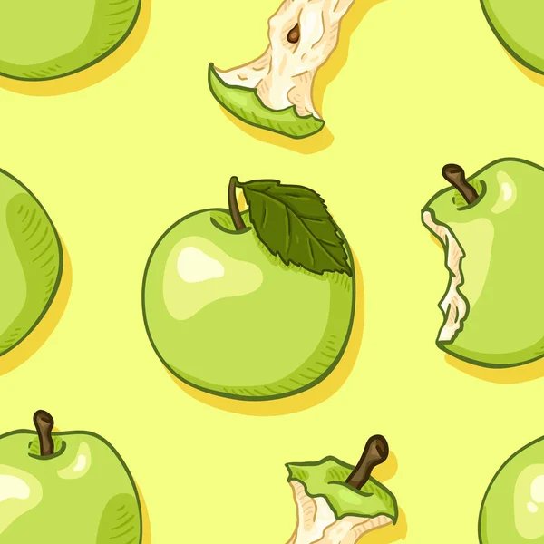 Patrón inconsútil del vector de la manzana verde de dibujos animados en fondo verde claro — Vector de stock