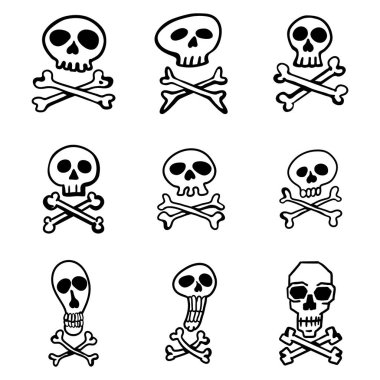 Vektör Seti El Çizilmiş Doodle Kafatasları ve Crossbones İşaretler