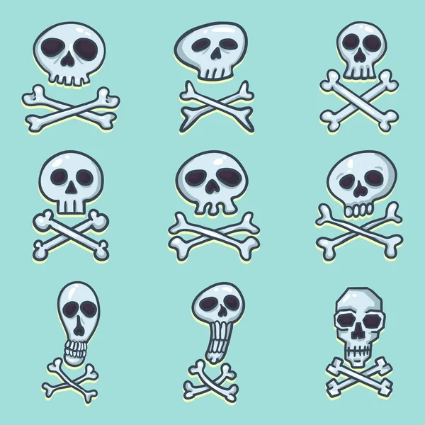Ensemble vectoriel de logos pirates de bande dessinée. Crâne et os croisés Signer sur fond bleu . — Image vectorielle