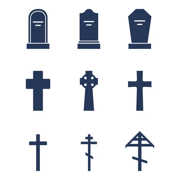 Vector Set of Cemetery Icons. Headstones, Gravestones, Tombstones and Crosses. — Stock Vector