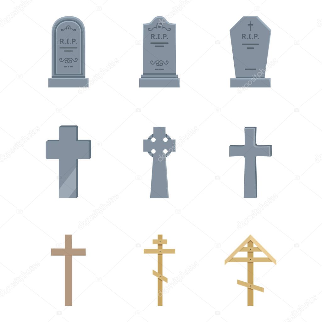 Vector Set of Cemetery Icons. Headstones, Gravestones, Tombstones and Crosses.