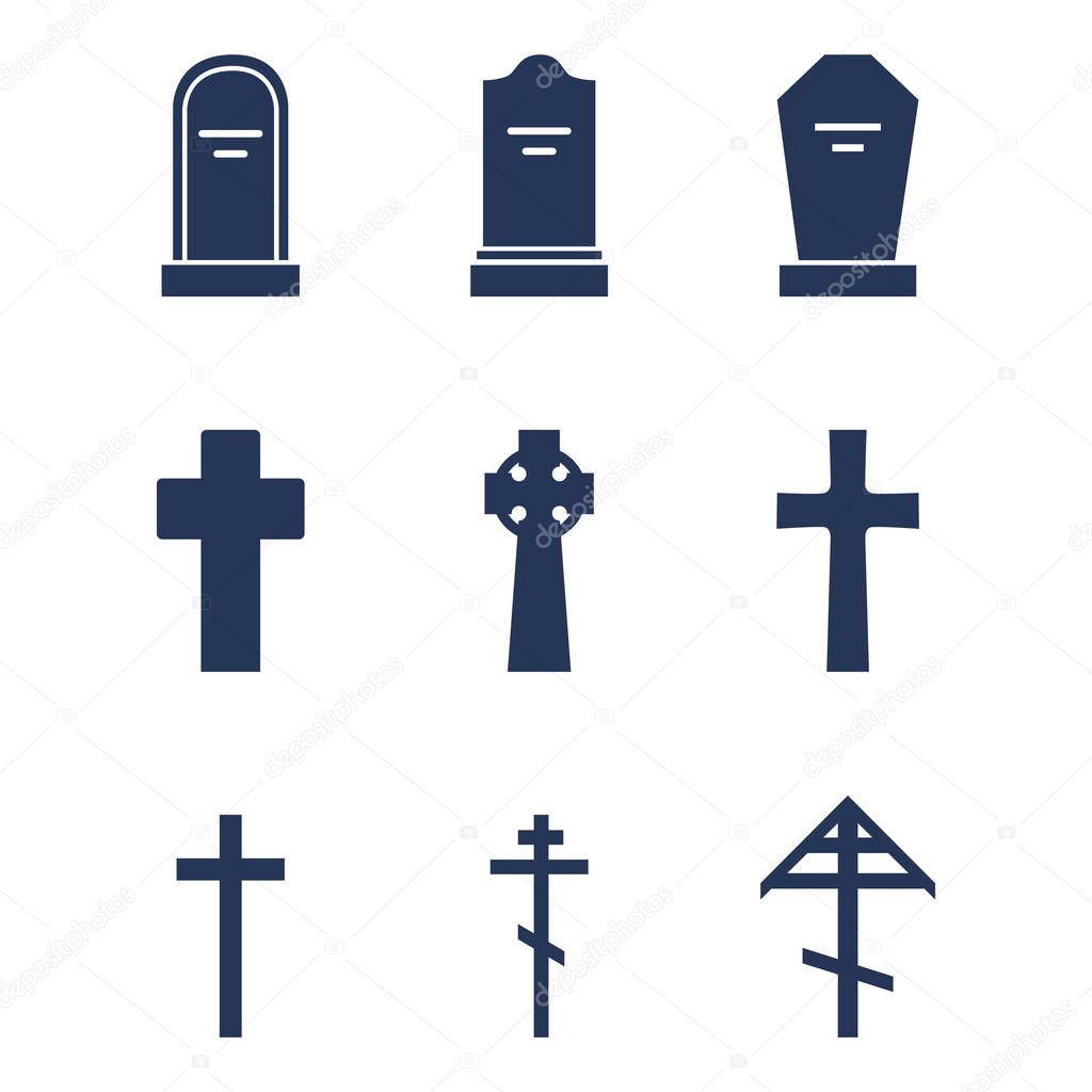 Vector Set of Cemetery Icons. Headstones, Gravestones, Tombstones and Crosses. Funeral Symbol.