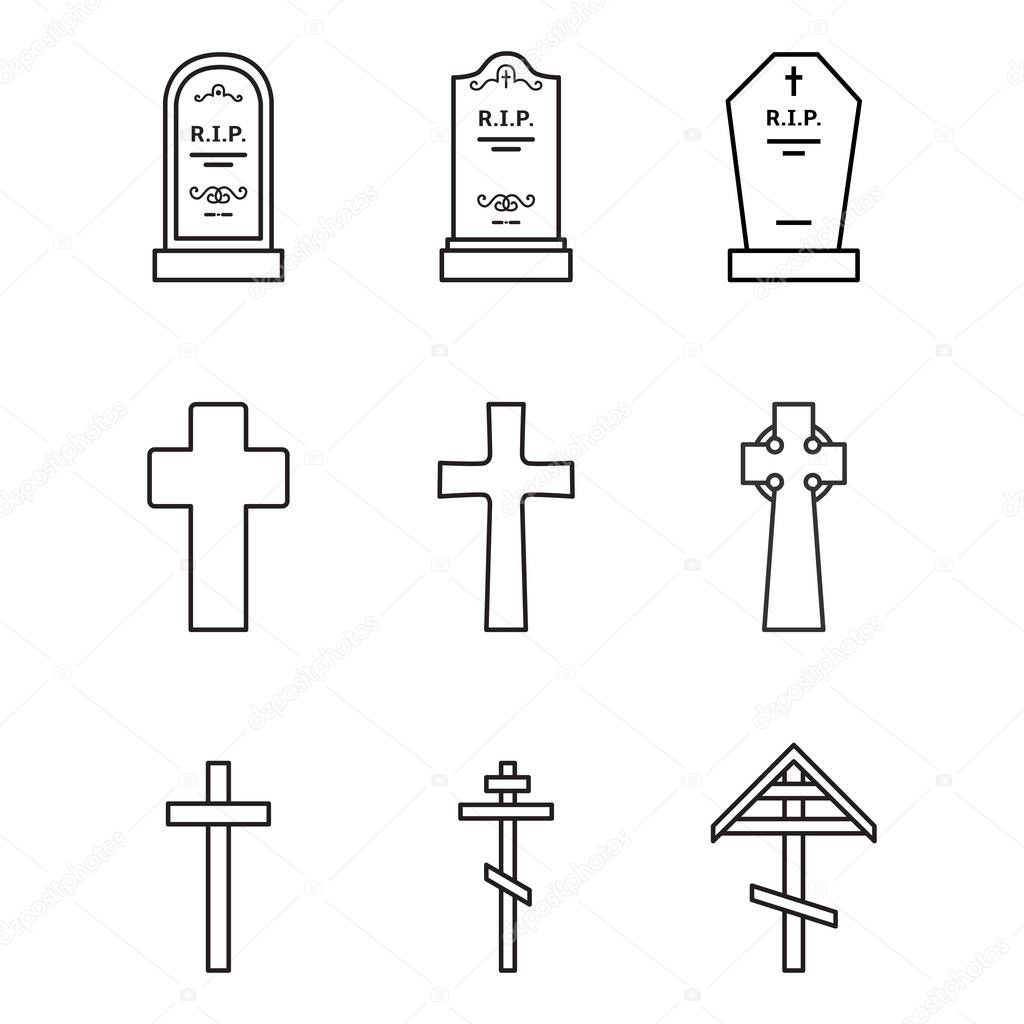 Vector Set of Cemetery Icons. Headstones, Gravestones, Tombstones and Crosses. Funeral Symbol.