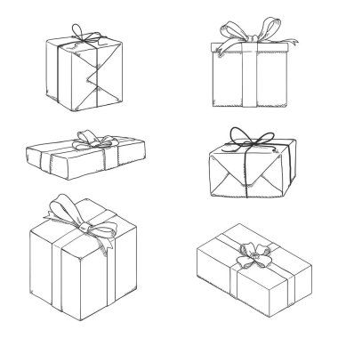 Vector Set of Sketch Gift Boxes with Ribbons and Bows.