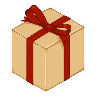 Kırmızı Kurdele ve Fiyonklu Vektör Kahverengi Hediye Kutusu