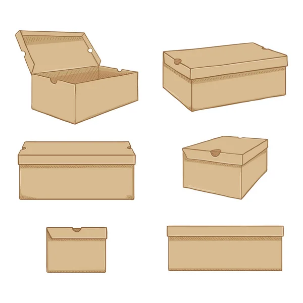 Vector conjunto de dibujos animados beige zapato cajas ilustración. Diferentes puntos de vista Variaciones — Archivo Imágenes Vectoriales