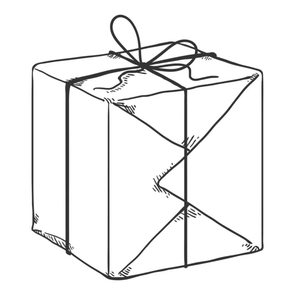 Embalagem de caixa de presente de esboço vetorial com papel de embrulho e corda — Vetor de Stock