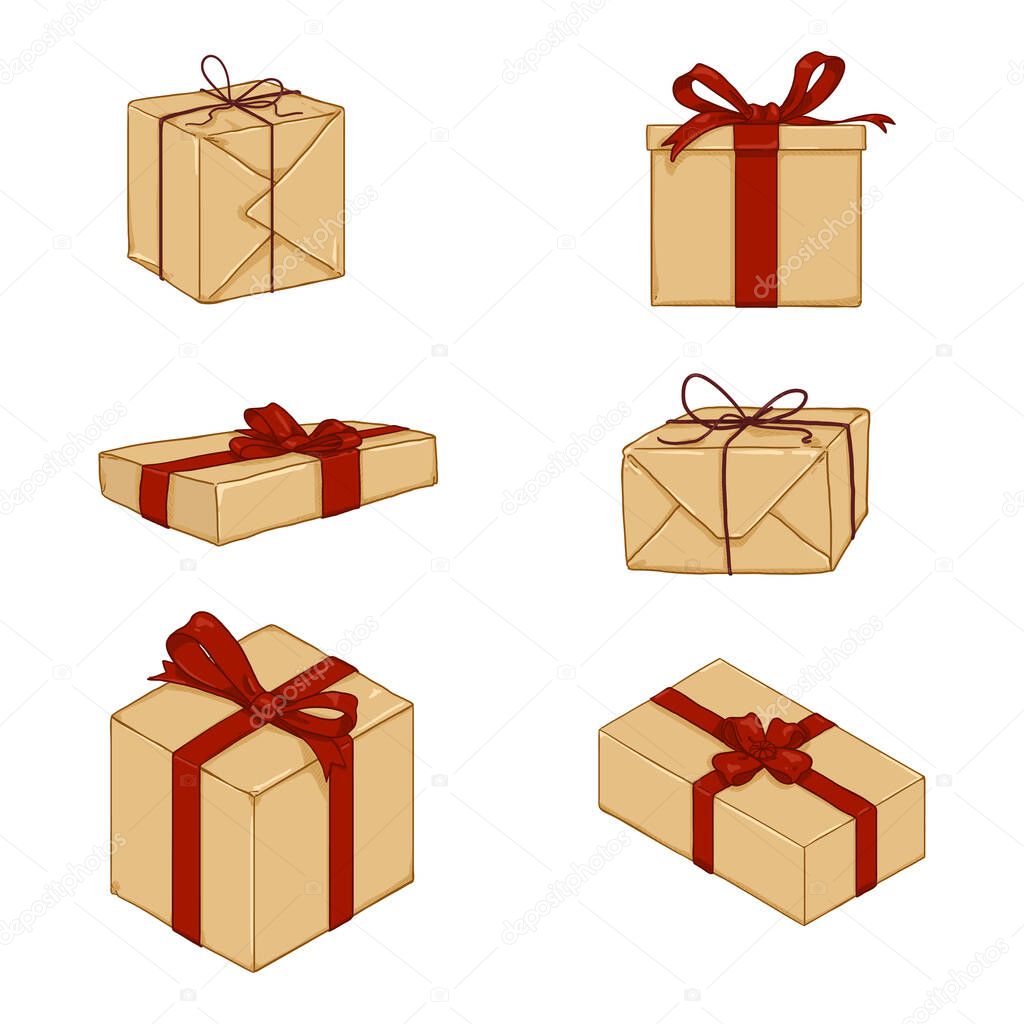 Vector Set of Cartoon Gift Boxes with Ribbons and Bows.