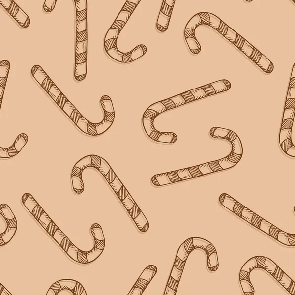 Vector Seamless Pattern of Sketch Candy Canes on Brown Background — Stock Vector