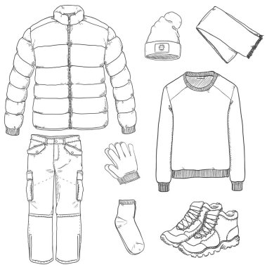 Kış Erkekleri Giysilerinin Vektör Çizimi.