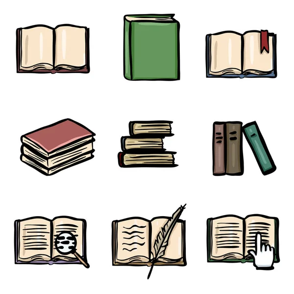 Vector Color Doodle Book Icon Set Open Book Closed Book — Archivo Imágenes Vectoriales