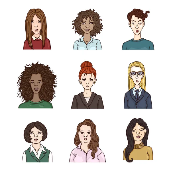 Conjunto Vectorial Caras Mujeres Dibujos Animados Equipo Femenino Multicultural — Archivo Imágenes Vectoriales