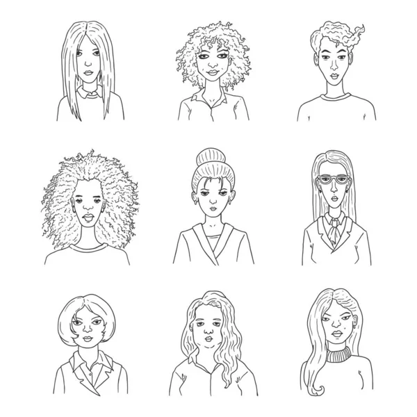 Vektor Uppsättning Skissera Kvinnor Ansikten Multikulturellt Kvinnligt Team — Stock vektor