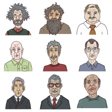 Çizgi film karakterlerinin vektör kümesi, yaşlılar. Emekli İnsanlar Yüzleri.