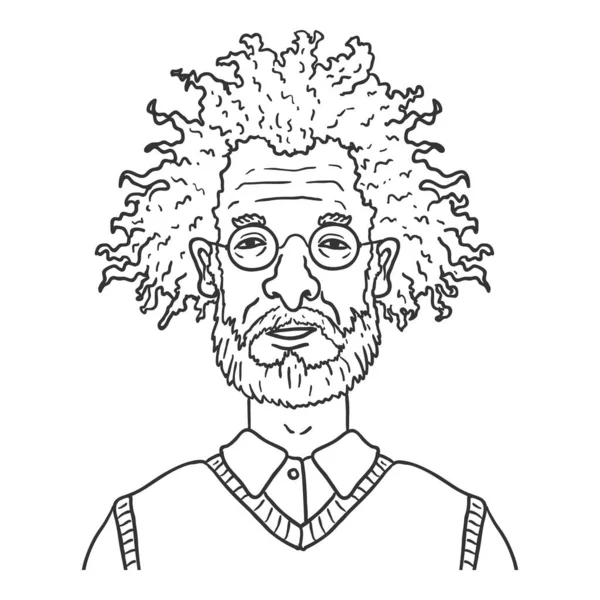 Personaje Del Esquema Vectorial Anciano Con Pelo Rizado Gafas Graduadas — Vector de stock