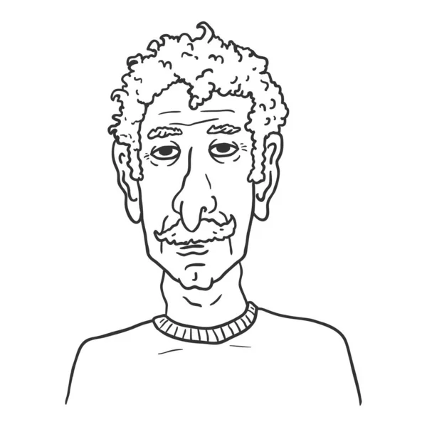 Vector Outline Character Old Man Curly Hair Moustache Портрет Дорослої — стоковий вектор