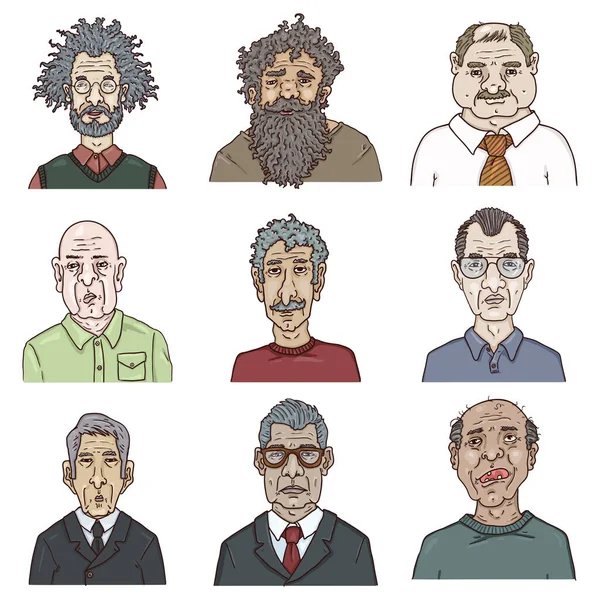 Vector Set Cartoon Characters Old Men Retired People Faces — Stock Vector