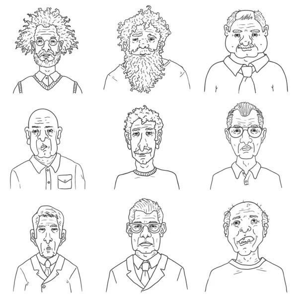 Vector Set Outline Characters Old Men Retired People Faces — Stock Vector