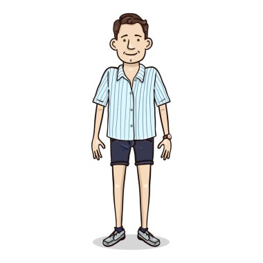 Vektör Çizgili Kısa Gömlekli Genç Adam ve Denim Mavi Şortlu