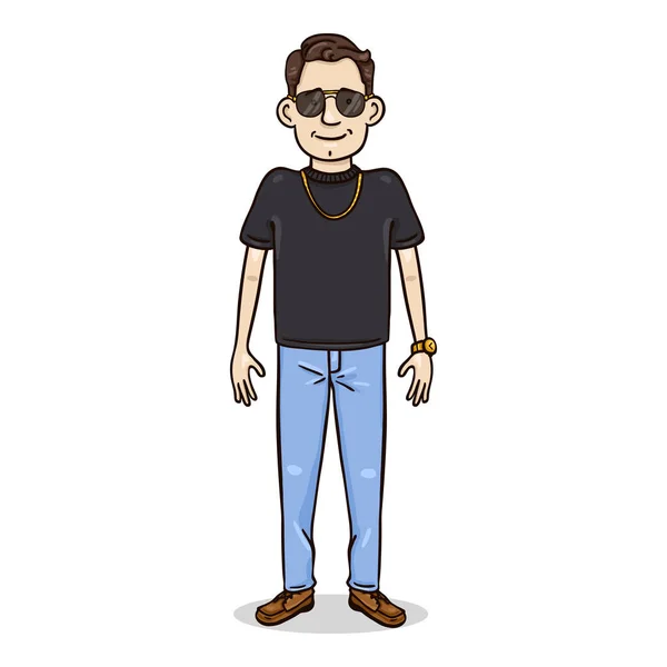 Vector Cartoon Young Man Óculos Sol Shirt Preta Rico Cara — Vetor de Stock