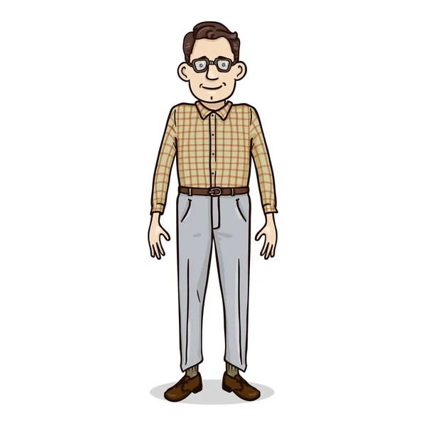 Vector Cartoon Young Man Checkered Shirt Eyeglasses Caráter Nerd —  Vetores de Stock