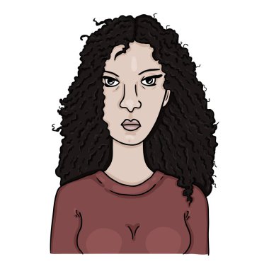 Vektör Avatar - Siyah kıvırcık saçlı kadın. Kadın Karakter Portresi