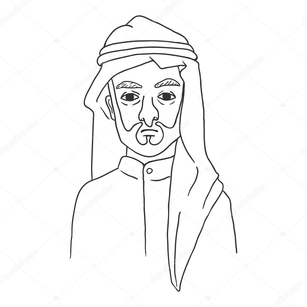 Arabian Man in White Keffiyeh and Kandura. Vector Outline Characters Face.
